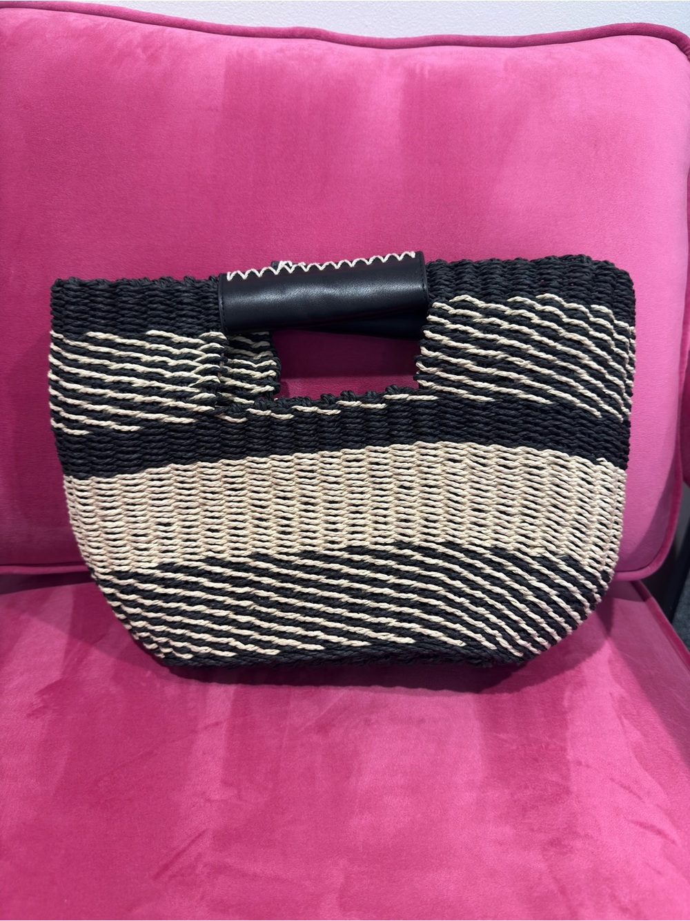 Woven Black & Cream Straw Tote with Top Handle